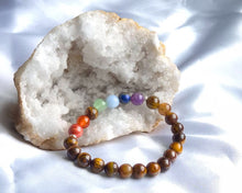 Charger l'image dans la galerie, bracelet-harmonie-sacree-7-chakras-oeil-de-tigre-geode-protection-confiance-pouvoir-interieur
