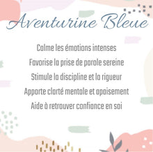 Charger l'image dans la galerie, Aventurine bleue
Calme les émotions intenses
Favorise la prise de parole sereine
Stimule la discipline et la rigueur
Apporte clarté mentale et apaisement
Aide à retrouver confiance en soi