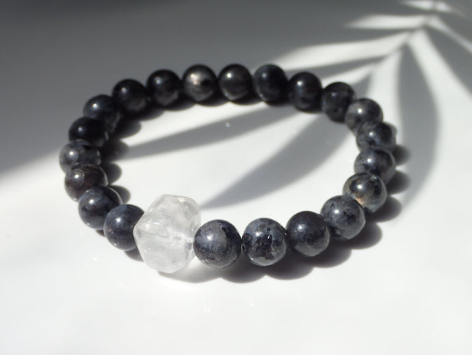 Bracelet Larvikite et Cristal de Roche - Lithothérapie, Protection et Intuition